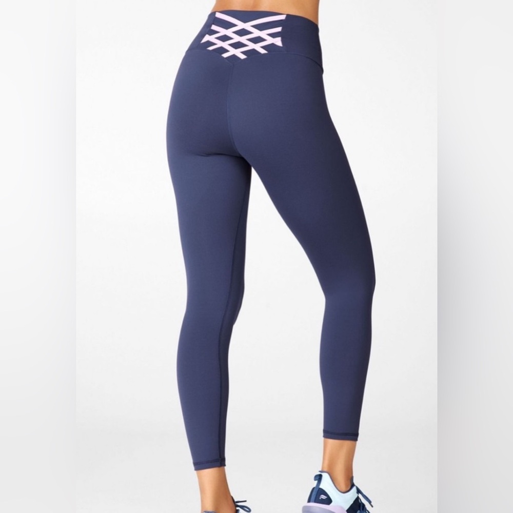 Fabletics Navy and Lavender Crisscross detail Powerhold Leggings